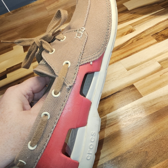 Crocs Mens Shoes Beach Line Boat Slip Ons Loafer Red & Beige - Picture 6 of 8